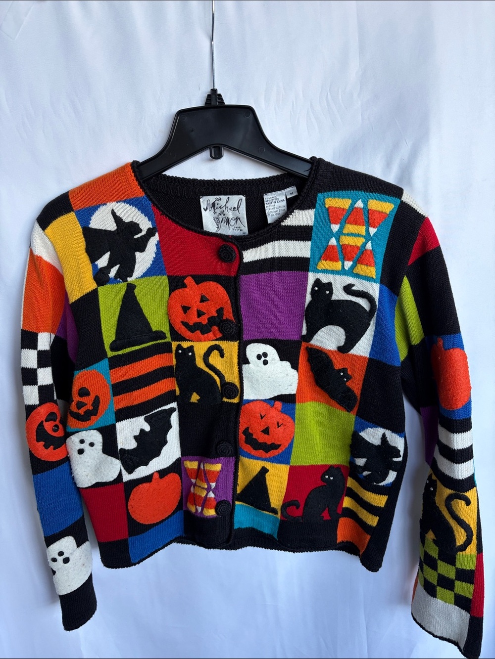Vintage Michael Simon Black Halloween Cardigan Sweater  Black Cat‎ Fall M, 1997